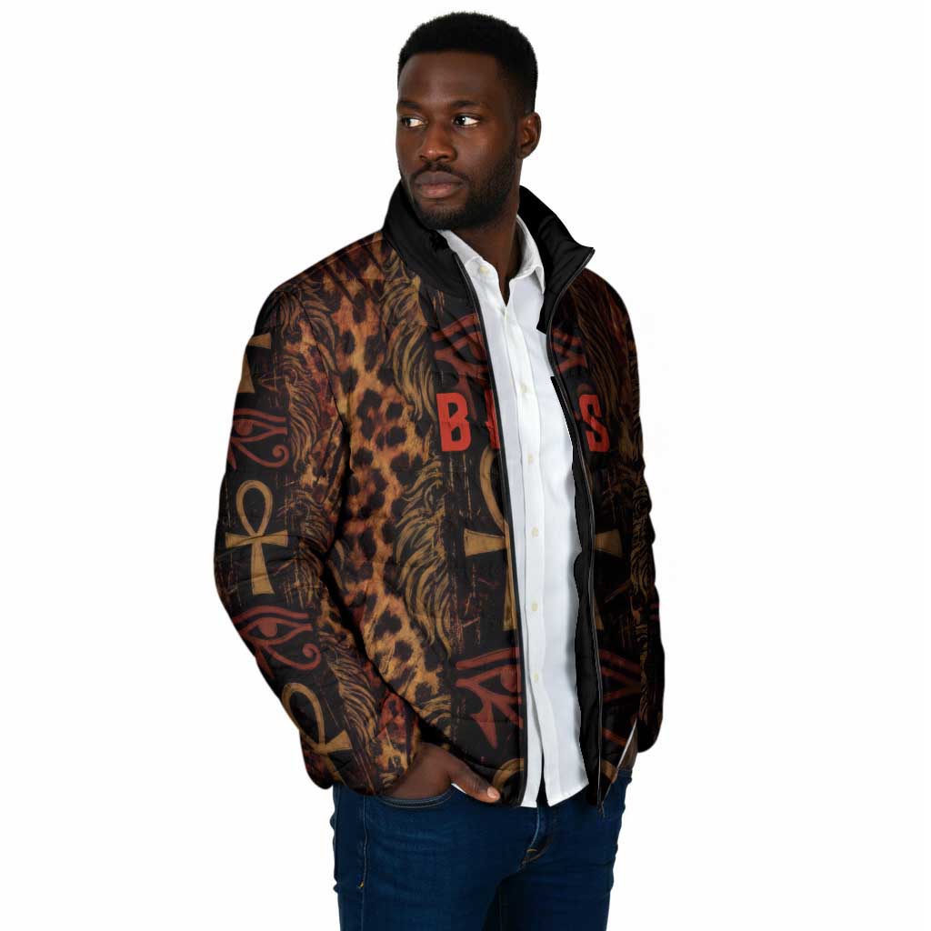 Bes Ancient Egyptian Padded Jacket with Leopard Print Ankh and Eye of Horus Egyptian Deity Tribute - Wonder Print Shop