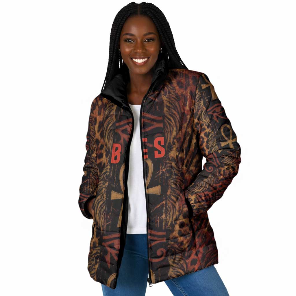 Bes Ancient Egyptian Padded Jacket with Leopard Print Ankh and Eye of Horus Egyptian Deity Tribute - Wonder Print Shop