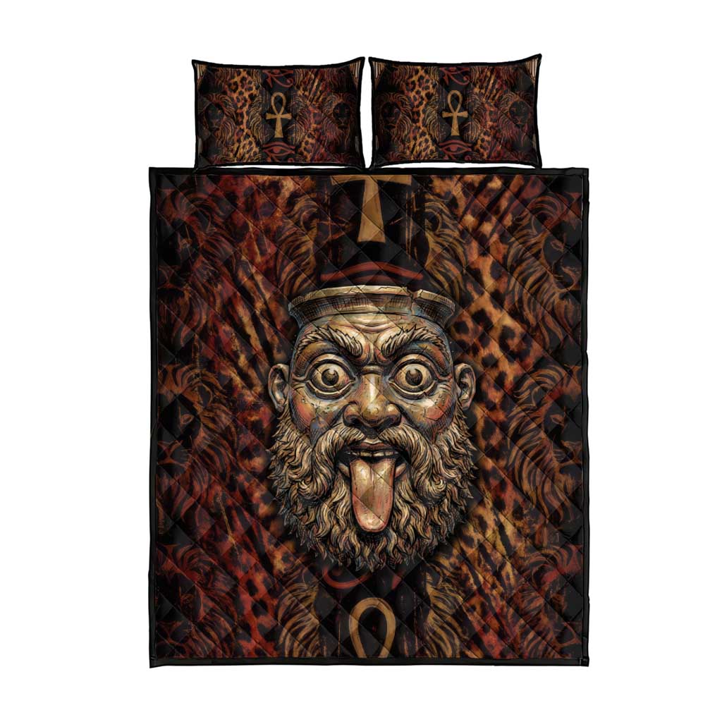 Bes Ancient Egyptian Quilt Bed Set with Leopard Print Ankh and Eye of Horus Egyptian Deity Tribute - Wonder Print Shop