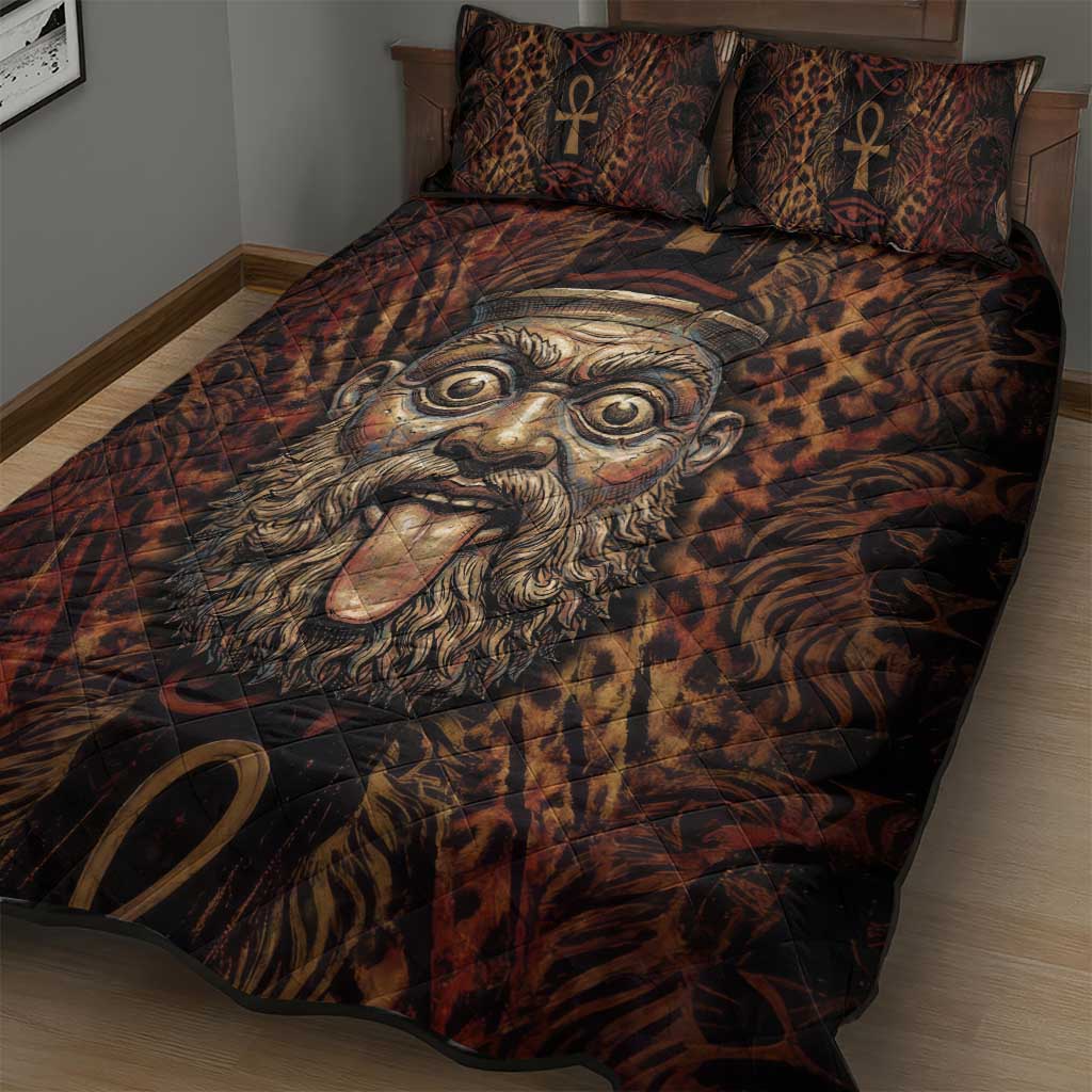 Bes Ancient Egyptian Quilt Bed Set with Leopard Print Ankh and Eye of Horus Egyptian Deity Tribute - Wonder Print Shop