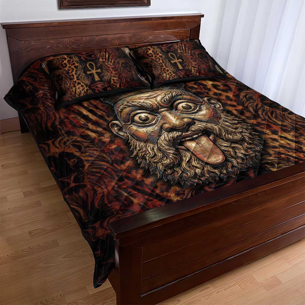 Bes Ancient Egyptian Quilt Bed Set with Leopard Print Ankh and Eye of Horus Egyptian Deity Tribute - Wonder Print Shop