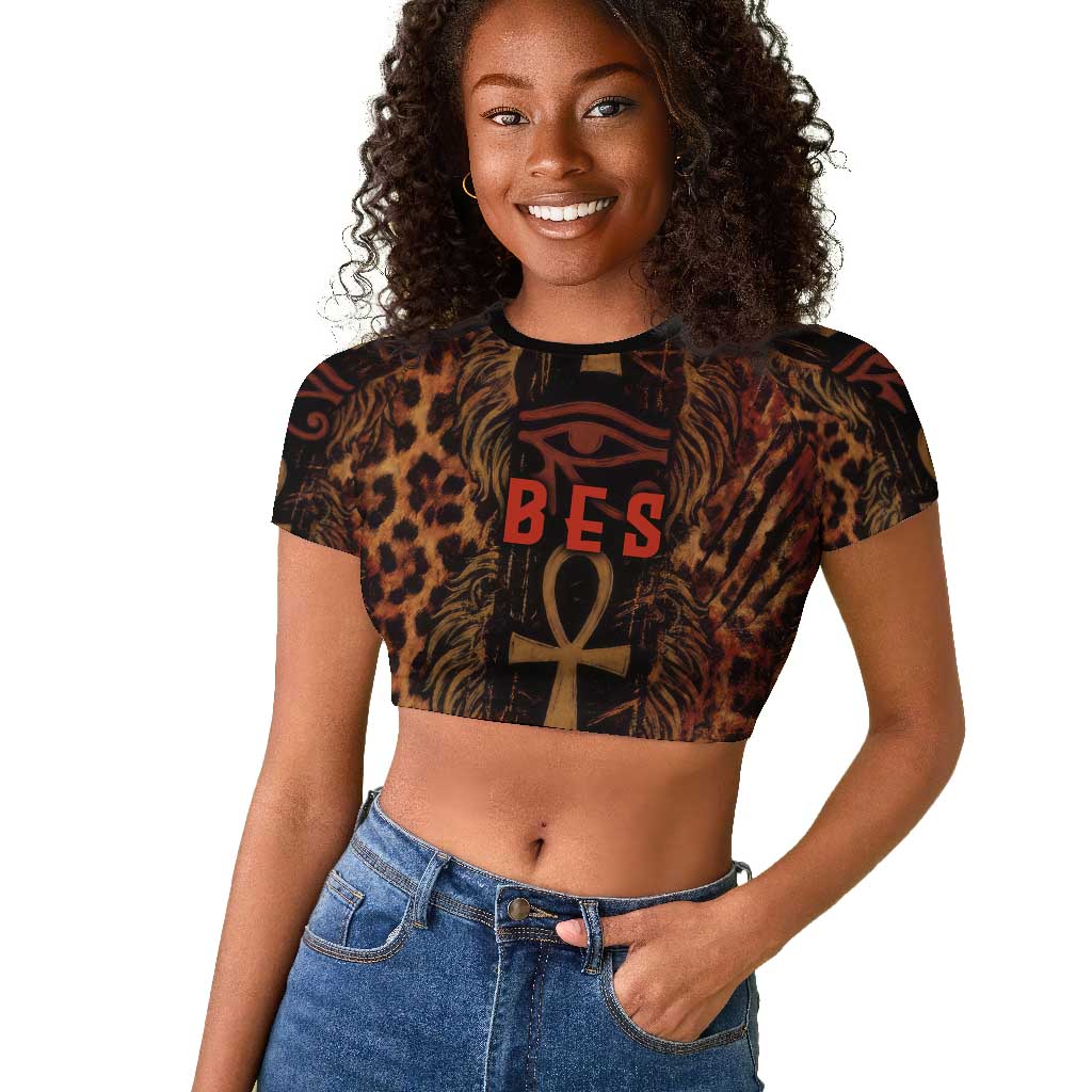 Bes Ancient Egyptian Raglan Cropped T shirt with Leopard Print Ankh and Eye of Horus Egyptian Deity Tribute - Wonder Print Shop