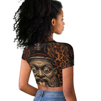 Bes Ancient Egyptian Raglan Cropped T shirt with Leopard Print Ankh and Eye of Horus Egyptian Deity Tribute - Wonder Print Shop
