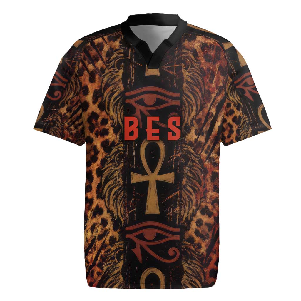 Bes Ancient Egyptian Rugby Jersey with Leopard Print Ankh and Eye of Horus Egyptian Deity Tribute - Wonder Print Shop