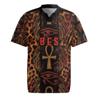 Bes Ancient Egyptian Rugby Jersey with Leopard Print Ankh and Eye of Horus Egyptian Deity Tribute - Wonder Print Shop