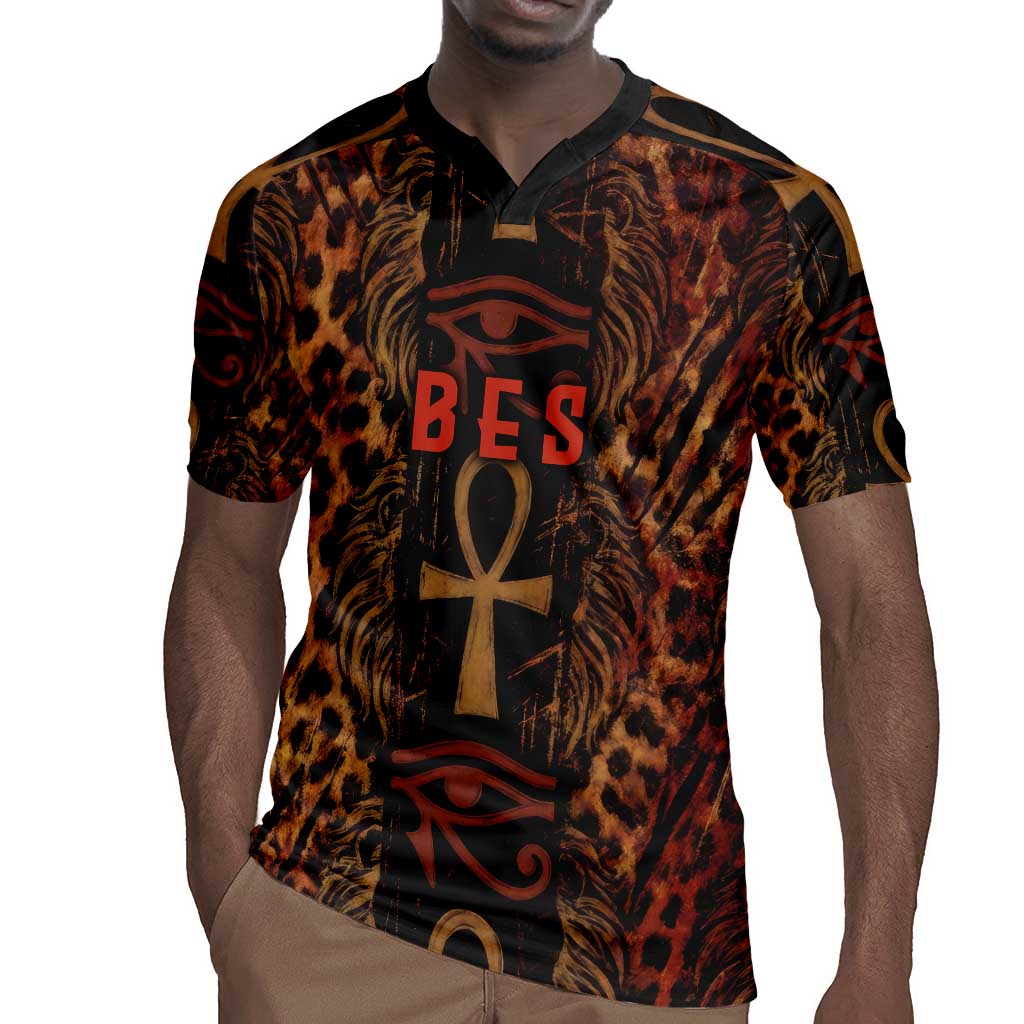 Bes Ancient Egyptian Rugby Jersey with Leopard Print Ankh and Eye of Horus Egyptian Deity Tribute - Wonder Print Shop