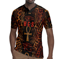 Bes Ancient Egyptian Rugby Jersey with Leopard Print Ankh and Eye of Horus Egyptian Deity Tribute - Wonder Print Shop