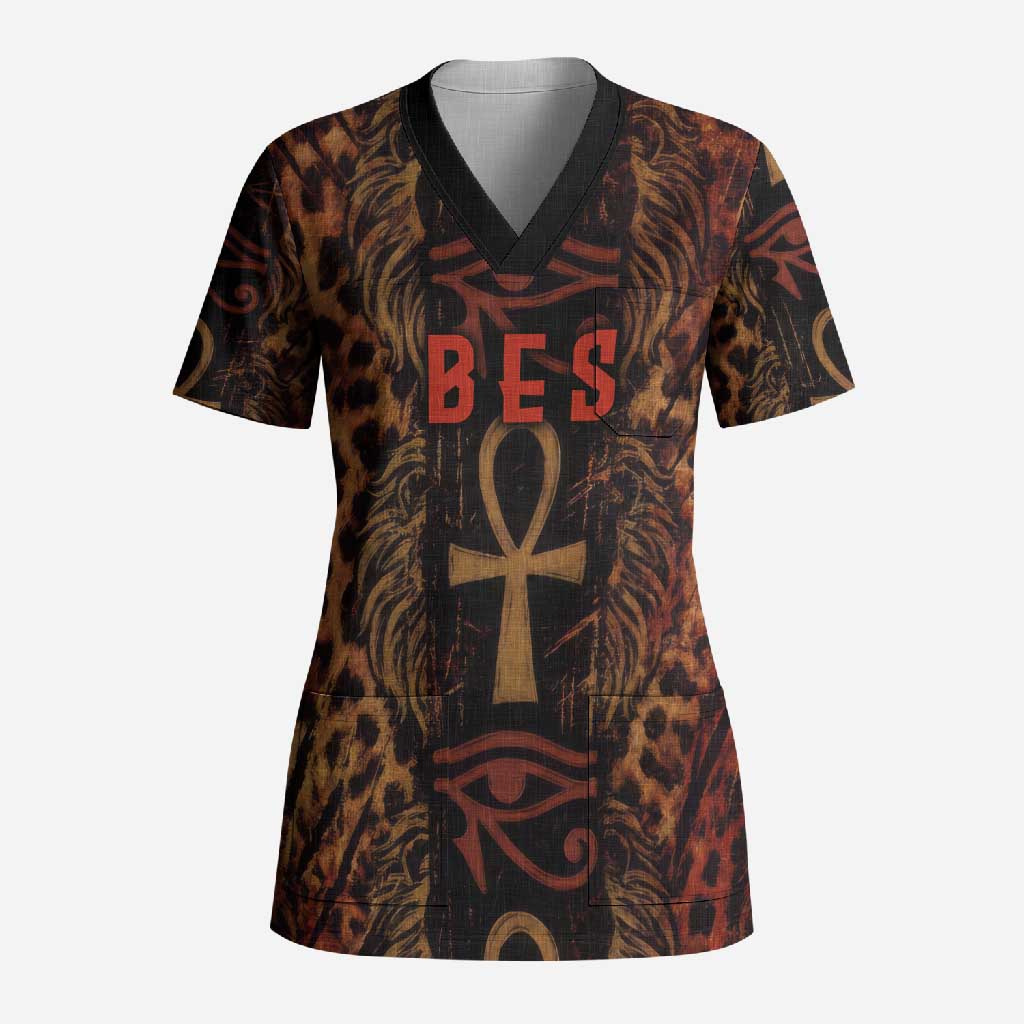Bes Ancient Egyptian Scrub Top with Leopard Print Ankh and Eye of Horus Egyptian Deity Tribute - Wonder Print Shop