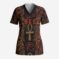 Bes Ancient Egyptian Scrub Top with Leopard Print Ankh and Eye of Horus Egyptian Deity Tribute - Wonder Print Shop