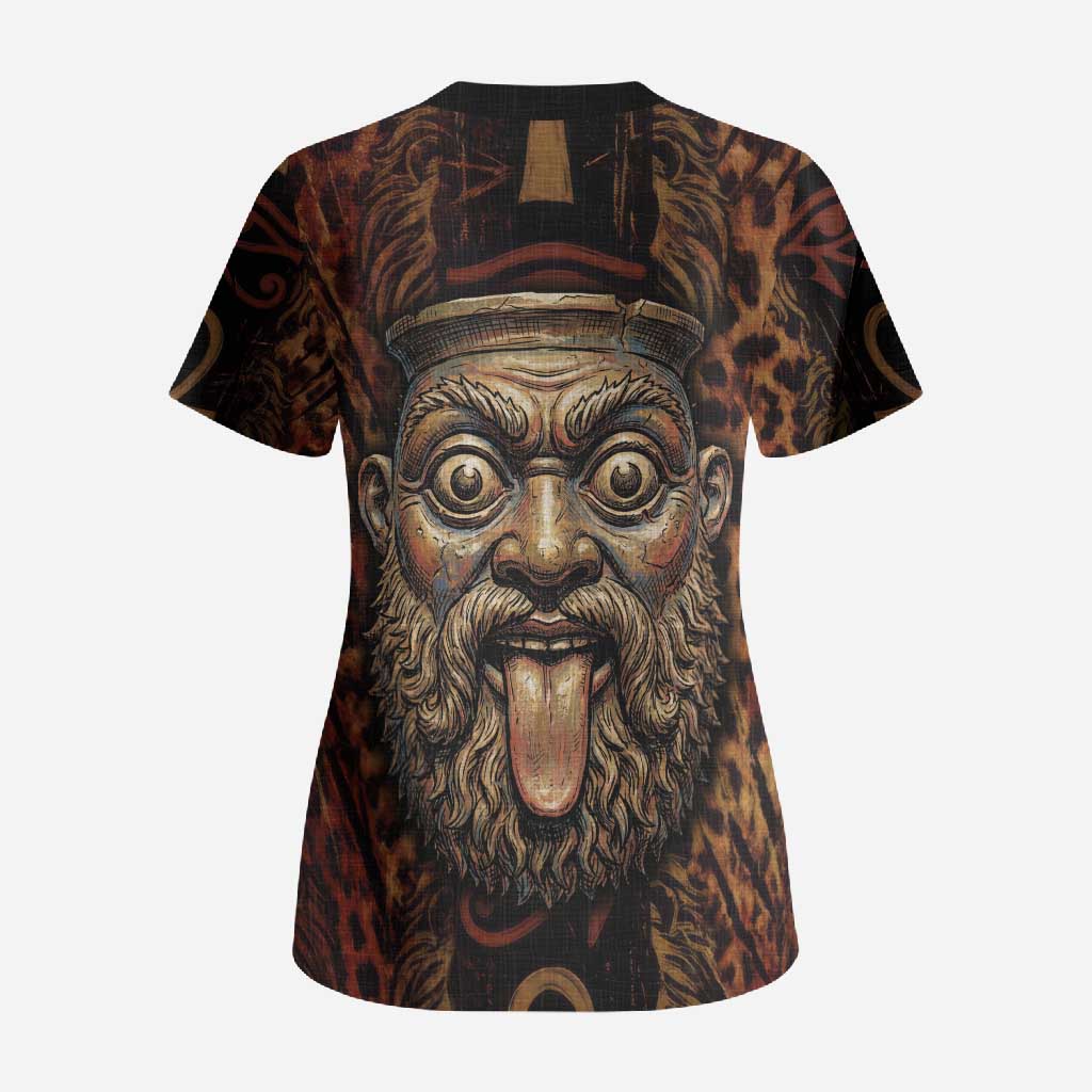 Bes Ancient Egyptian Scrub Top with Leopard Print Ankh and Eye of Horus Egyptian Deity Tribute - Wonder Print Shop