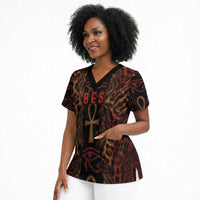 Bes Ancient Egyptian Scrub Top with Leopard Print Ankh and Eye of Horus Egyptian Deity Tribute - Wonder Print Shop
