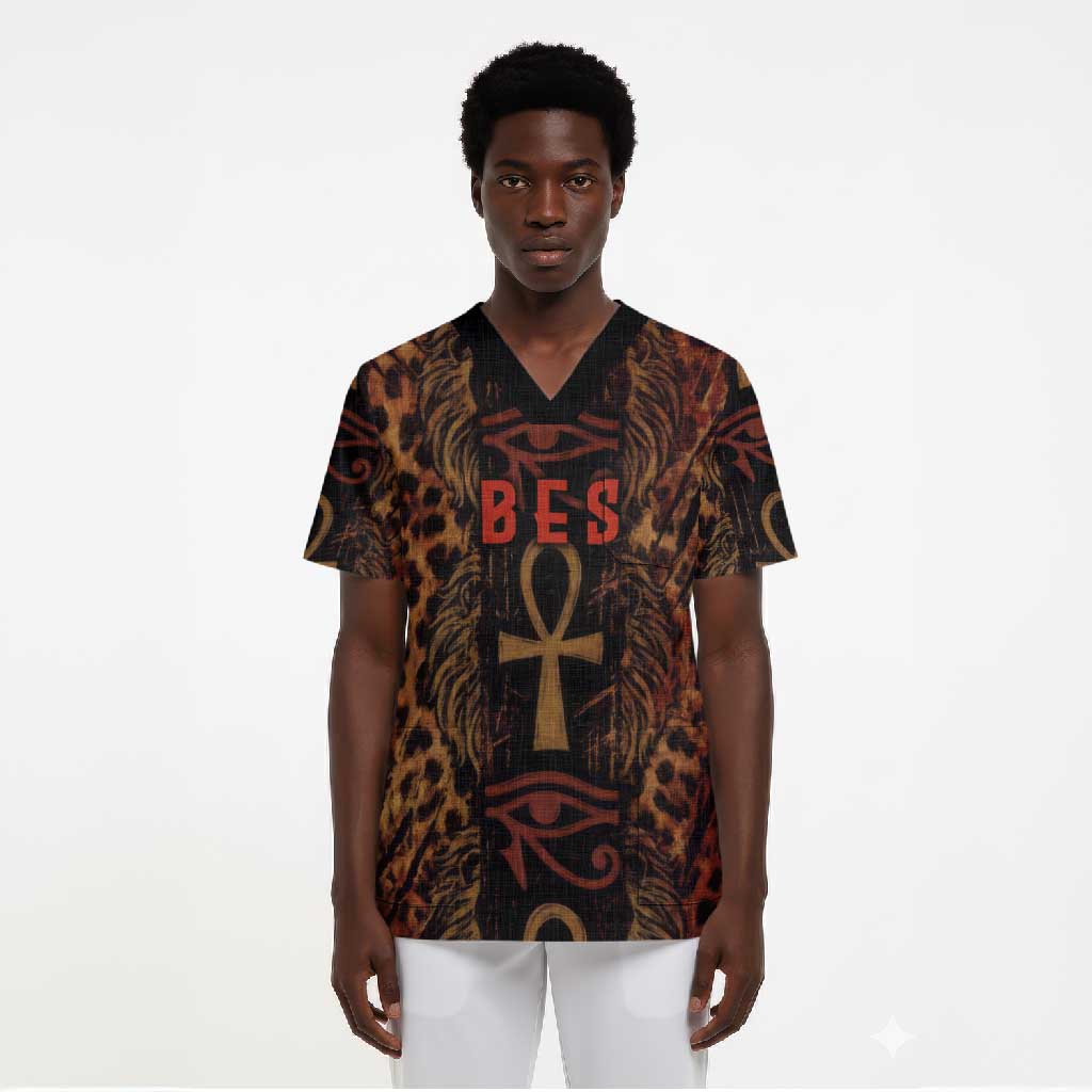 Bes Ancient Egyptian Scrub Top with Leopard Print Ankh and Eye of Horus Egyptian Deity Tribute - Wonder Print Shop