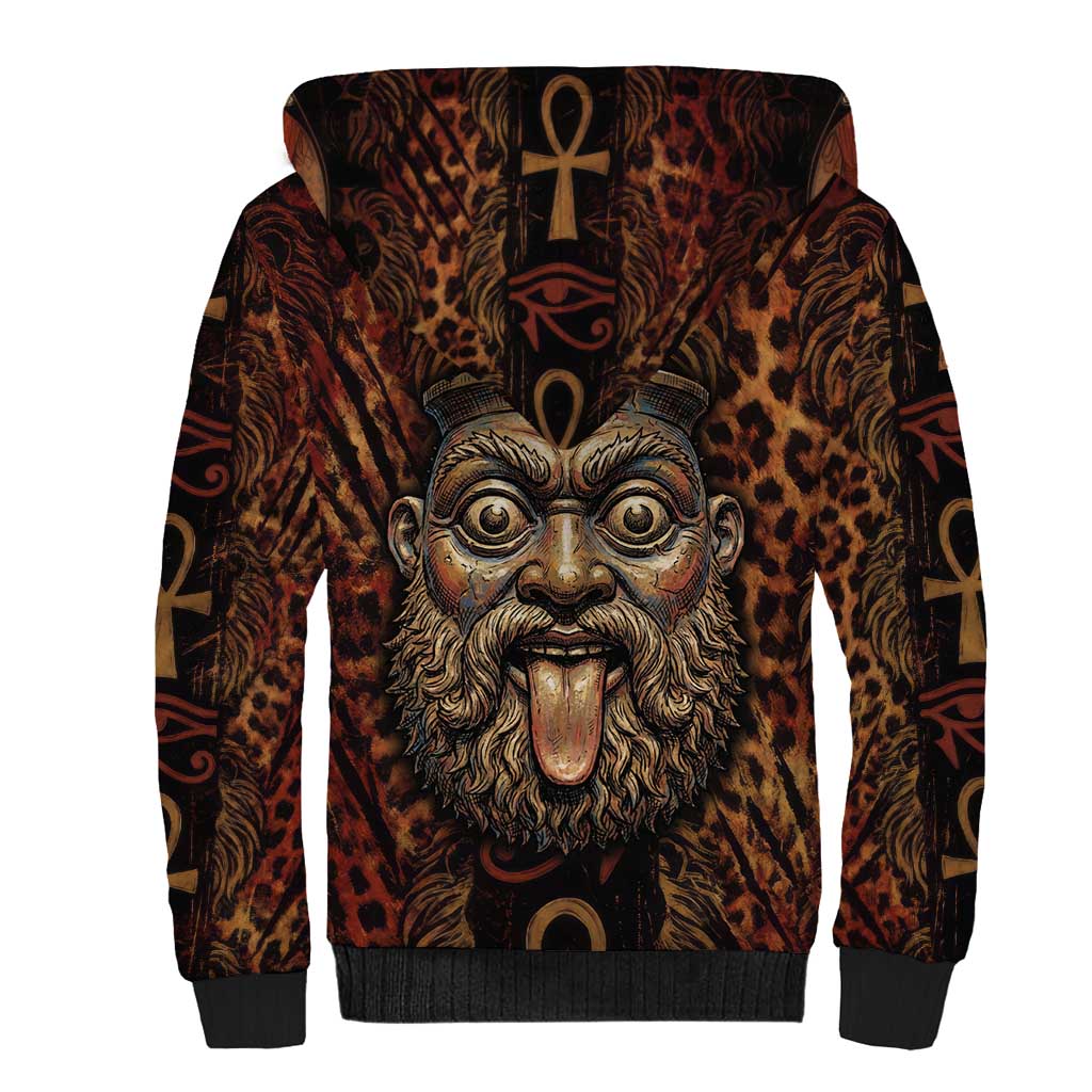 Bes Ancient Egyptian Sherpa Hoodie with Leopard Print Ankh and Eye of Horus Egyptian Deity Tribute - Wonder Print Shop