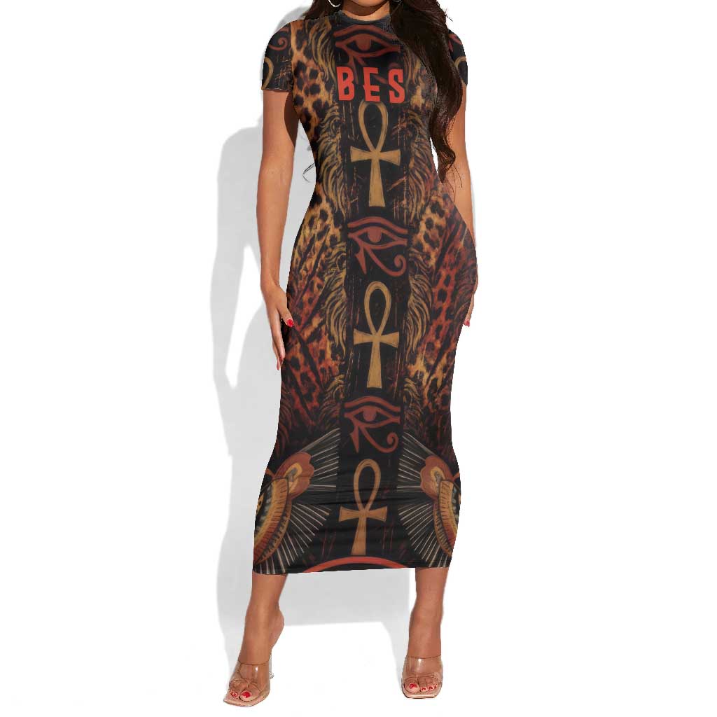 Bes Ancient Egyptian Short Sleeve Bodycon Dress with Leopard Print Ankh and Eye of Horus Egyptian Deity Tribute - Wonder Print Shop