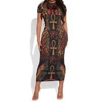 Bes Ancient Egyptian Short Sleeve Bodycon Dress with Leopard Print Ankh and Eye of Horus Egyptian Deity Tribute - Wonder Print Shop