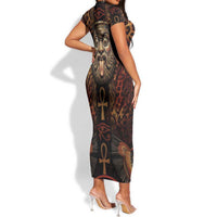 Bes Ancient Egyptian Short Sleeve Bodycon Dress with Leopard Print Ankh and Eye of Horus Egyptian Deity Tribute - Wonder Print Shop