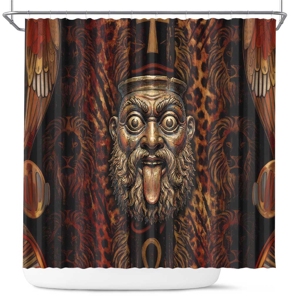 Bes Ancient Egyptian Shower Curtain with Leopard Print Ankh and Eye of Horus Egyptian Deity Tribute - Wonder Print Shop