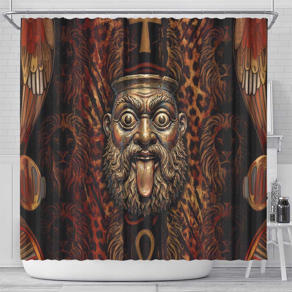 Bes Ancient Egyptian Shower Curtain with Leopard Print Ankh and Eye of Horus Egyptian Deity Tribute - Wonder Print Shop