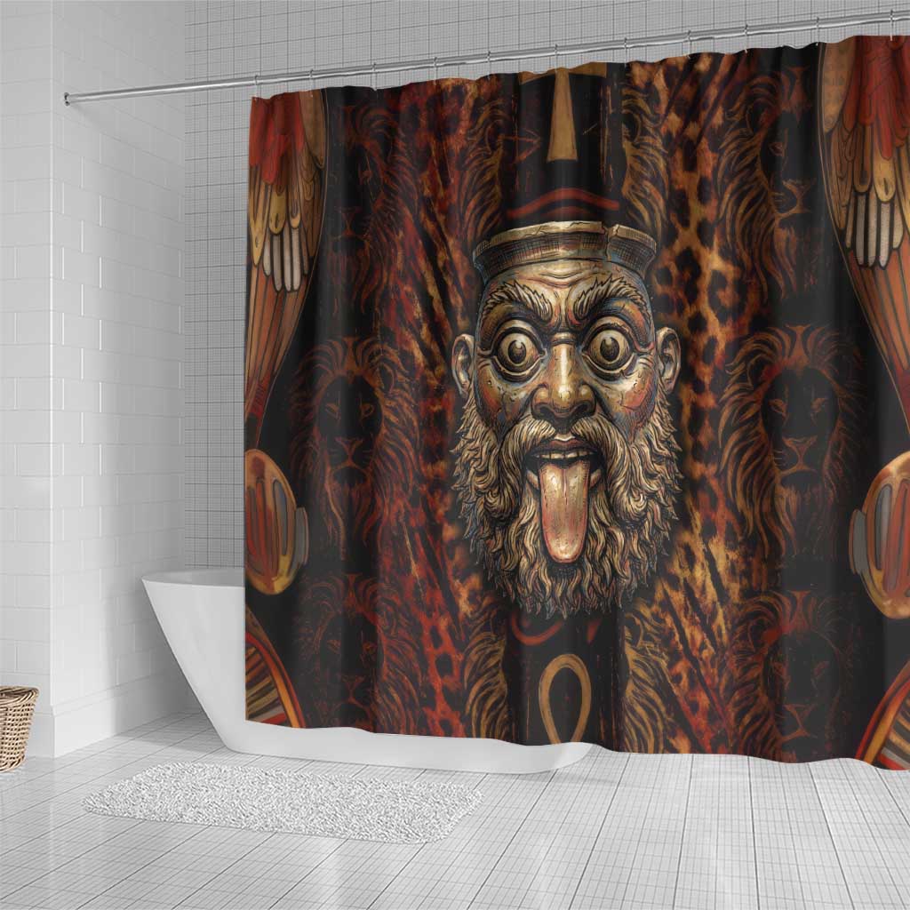 Bes Ancient Egyptian Shower Curtain with Leopard Print Ankh and Eye of Horus Egyptian Deity Tribute - Wonder Print Shop