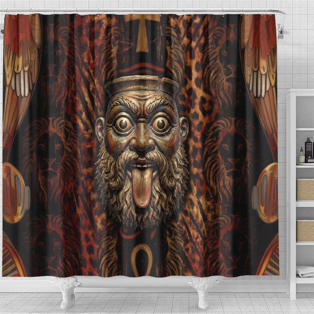 Bes Ancient Egyptian Shower Curtain with Leopard Print Ankh and Eye of Horus Egyptian Deity Tribute - Wonder Print Shop