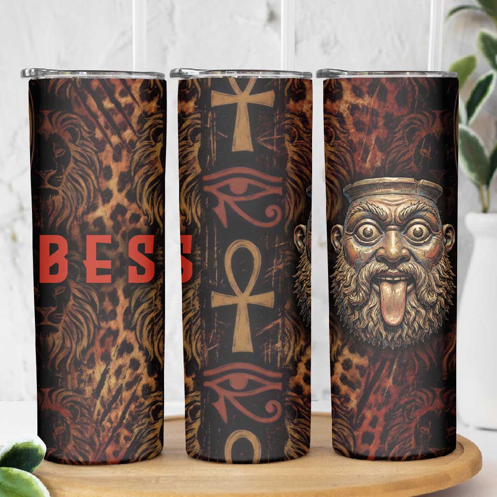 Bes Ancient Egyptian Skinny Tumbler with Leopard Print Ankh and Eye of Horus Egyptian Deity Tribute - Wonder Print Shop