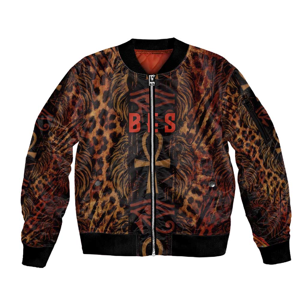 Bes Ancient Egyptian Sleeve Zip Bomber Jacket with Leopard Print Ankh and Eye of Horus Egyptian Deity Tribute - Wonder Print Shop