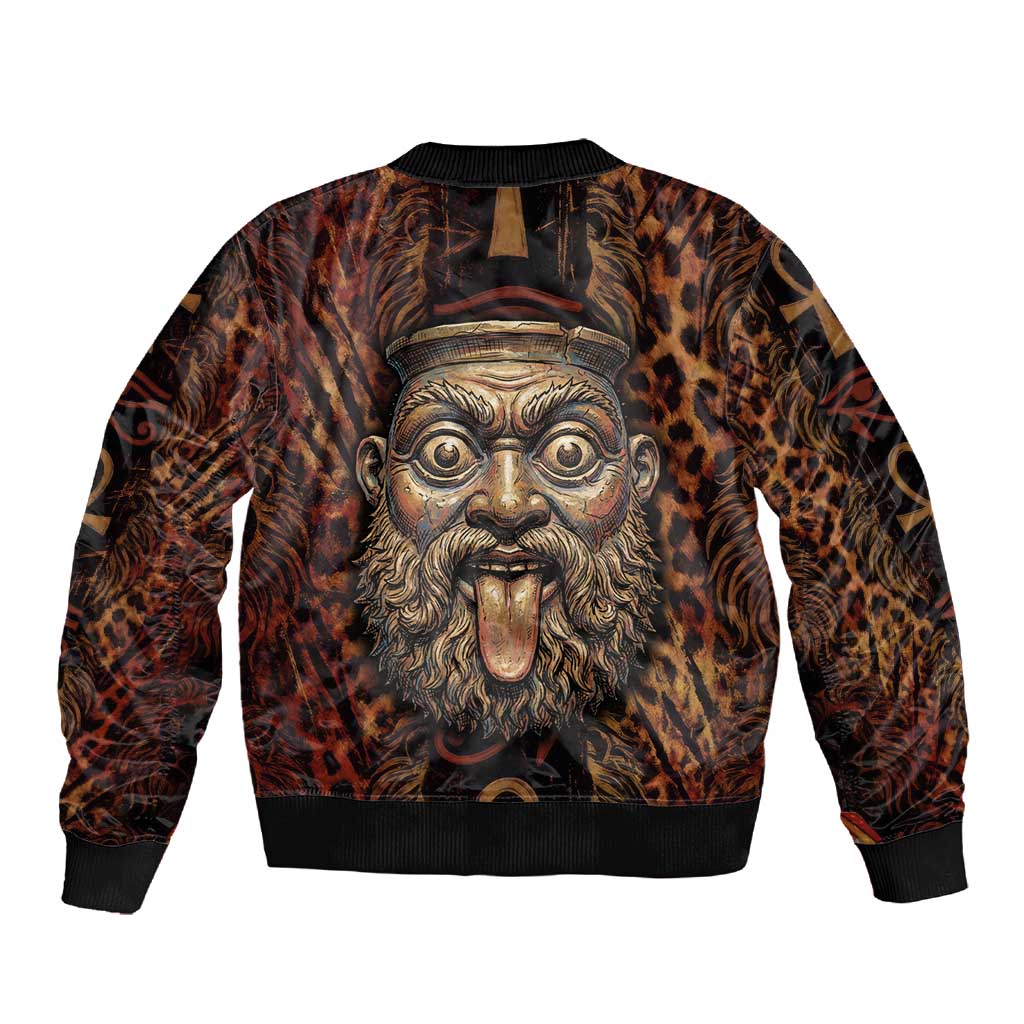 Bes Ancient Egyptian Sleeve Zip Bomber Jacket with Leopard Print Ankh and Eye of Horus Egyptian Deity Tribute - Wonder Print Shop