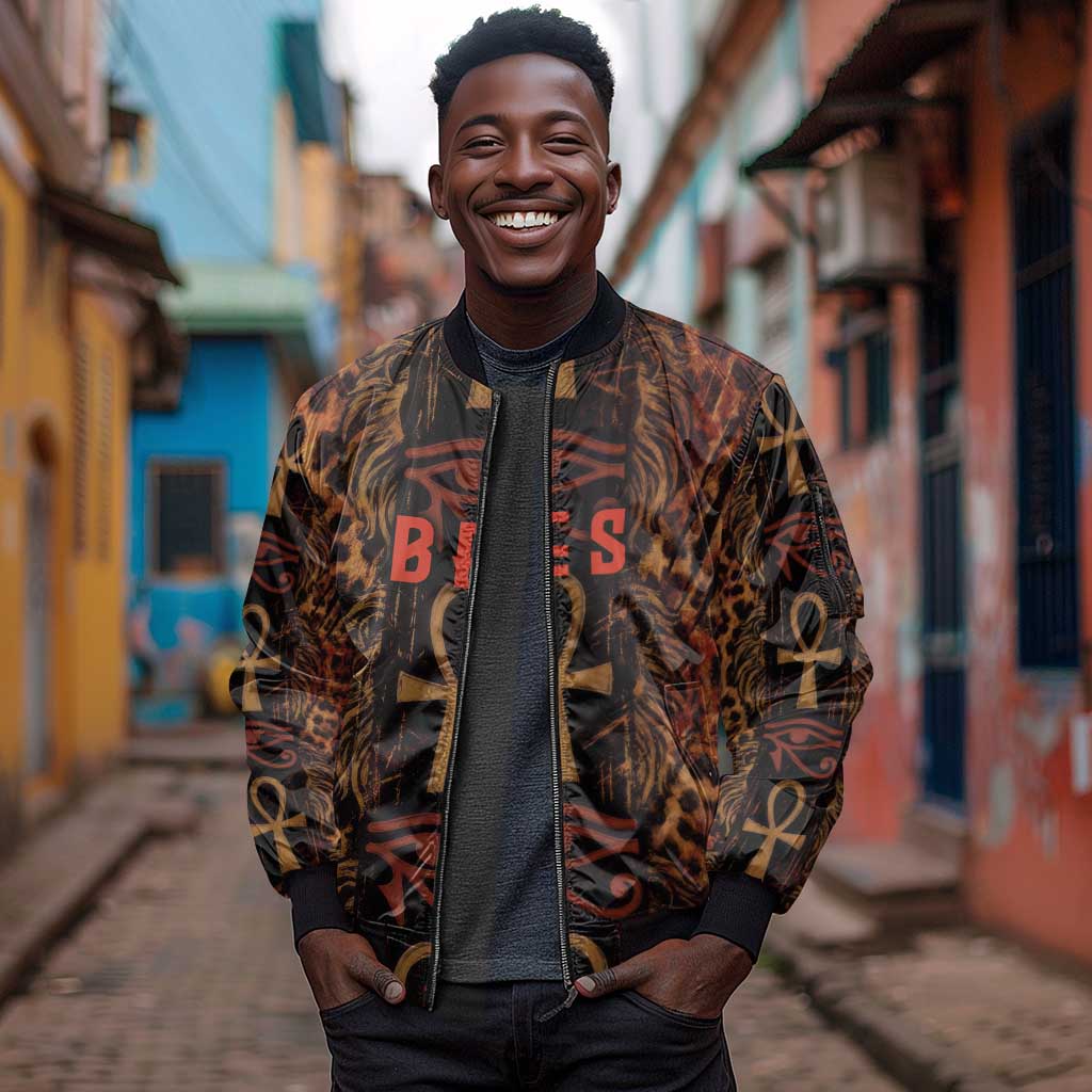 Bes Ancient Egyptian Sleeve Zip Bomber Jacket with Leopard Print Ankh and Eye of Horus Egyptian Deity Tribute - Wonder Print Shop