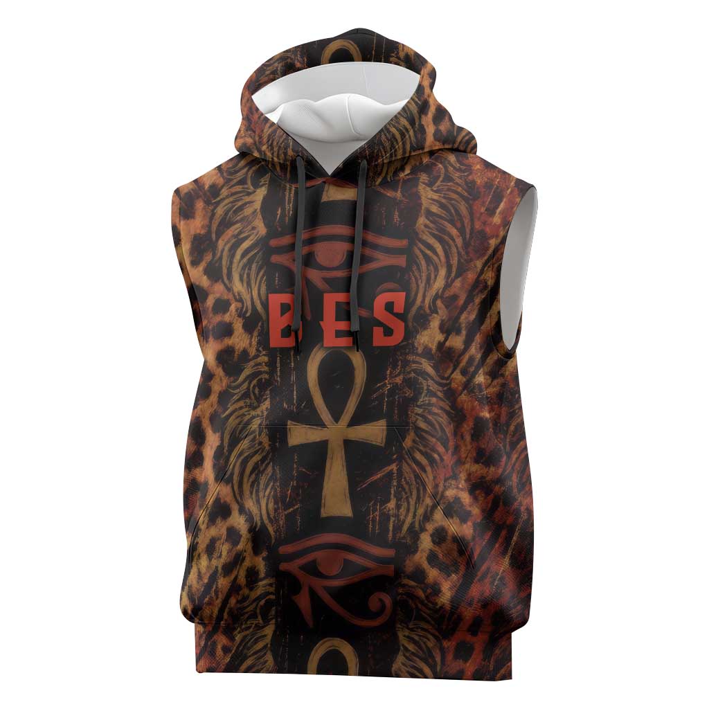 Bes Ancient Egyptian Sleeveless Hoodie with Leopard Print Ankh and Eye of Horus Egyptian Deity Tribute - Wonder Print Shop