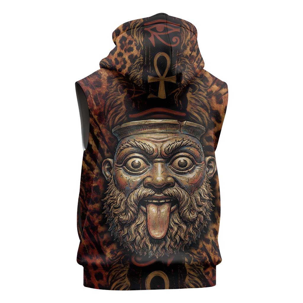 Bes Ancient Egyptian Sleeveless Hoodie with Leopard Print Ankh and Eye of Horus Egyptian Deity Tribute - Wonder Print Shop