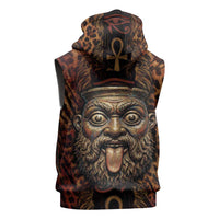 Bes Ancient Egyptian Sleeveless Hoodie with Leopard Print Ankh and Eye of Horus Egyptian Deity Tribute - Wonder Print Shop