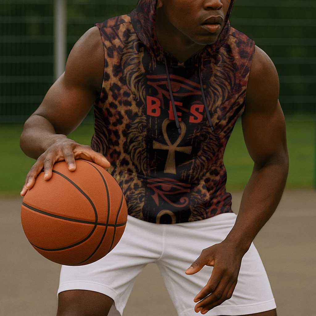 Bes Ancient Egyptian Sleeveless Hoodie with Leopard Print Ankh and Eye of Horus Egyptian Deity Tribute - Wonder Print Shop