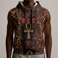 Bes Ancient Egyptian Sleeveless Hoodie with Leopard Print Ankh and Eye of Horus Egyptian Deity Tribute - Wonder Print Shop