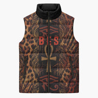 Bes Ancient Egyptian Sleeveless Puffer Jacket with Leopard Print Ankh and Eye of Horus Egyptian Deity Tribute - Wonder Print Shop