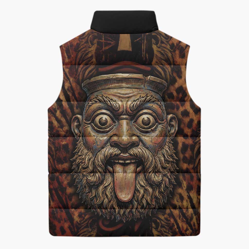 Bes Ancient Egyptian Sleeveless Puffer Jacket with Leopard Print Ankh and Eye of Horus Egyptian Deity Tribute - Wonder Print Shop