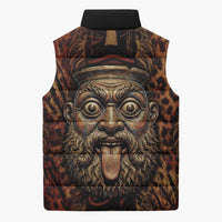 Bes Ancient Egyptian Sleeveless Puffer Jacket with Leopard Print Ankh and Eye of Horus Egyptian Deity Tribute - Wonder Print Shop