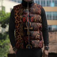 Bes Ancient Egyptian Sleeveless Puffer Jacket with Leopard Print Ankh and Eye of Horus Egyptian Deity Tribute - Wonder Print Shop
