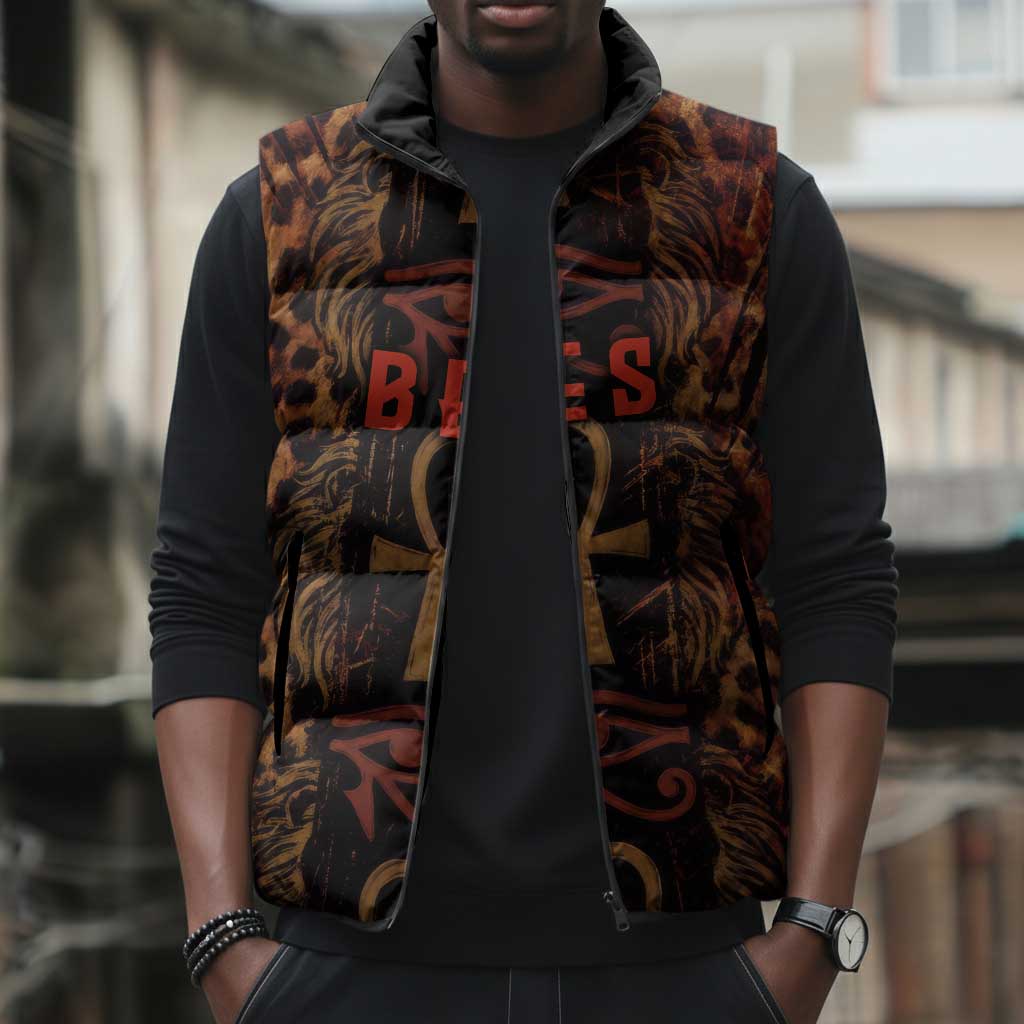 Bes Ancient Egyptian Sleeveless Puffer Jacket with Leopard Print Ankh and Eye of Horus Egyptian Deity Tribute - Wonder Print Shop