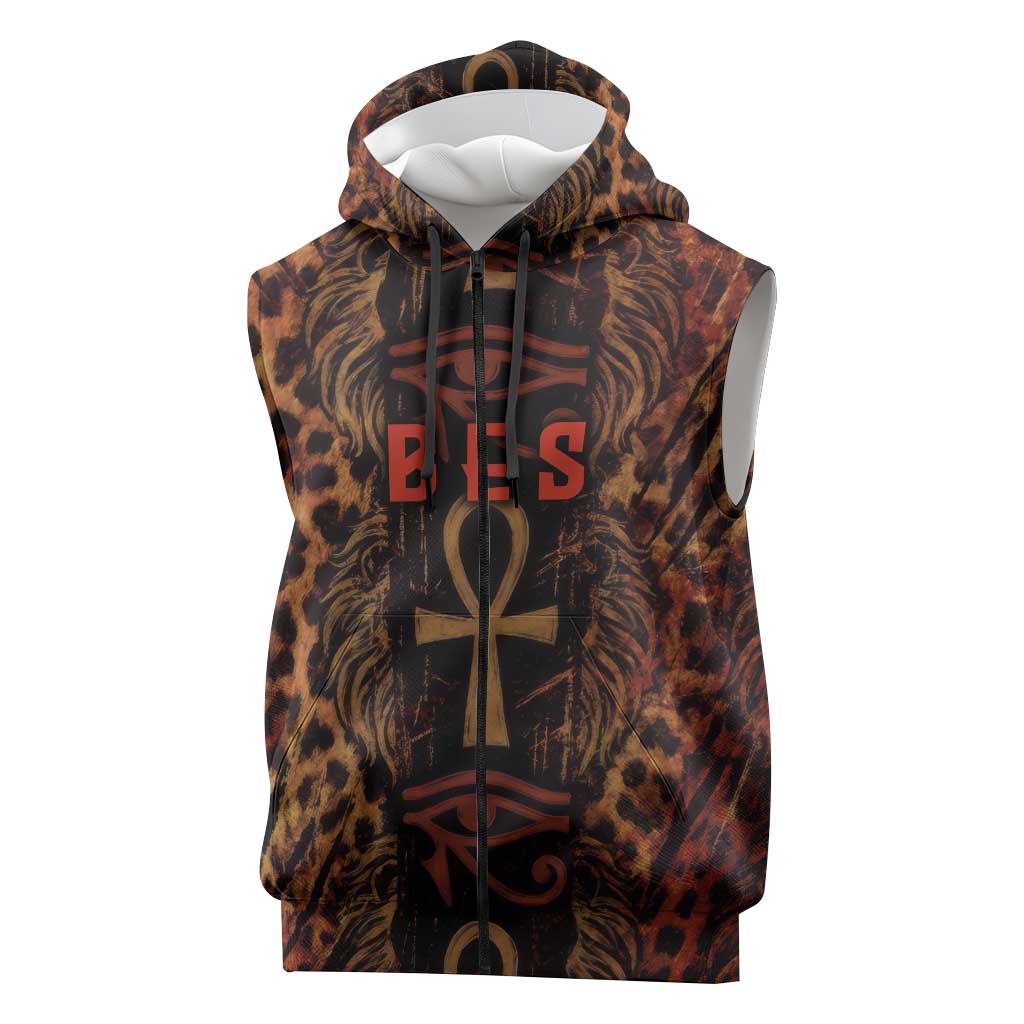 Bes Ancient Egyptian Sleeveless Zip Hoodie with Leopard Print Ankh and Eye of Horus Egyptian Deity Tribute - Wonder Print Shop