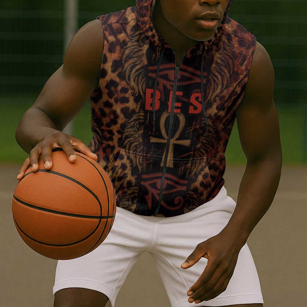Bes Ancient Egyptian Sleeveless Zip Hoodie with Leopard Print Ankh and Eye of Horus Egyptian Deity Tribute - Wonder Print Shop