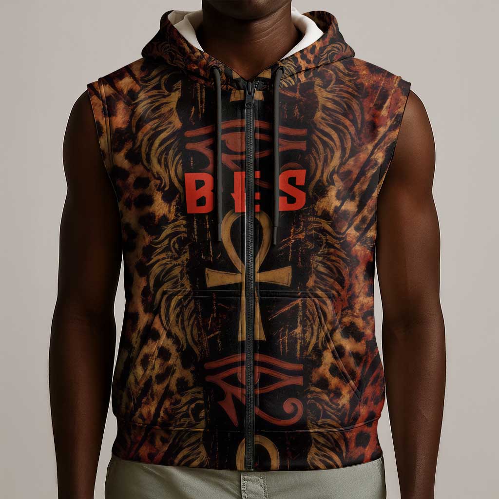 Bes Ancient Egyptian Sleeveless Zip Hoodie with Leopard Print Ankh and Eye of Horus Egyptian Deity Tribute - Wonder Print Shop