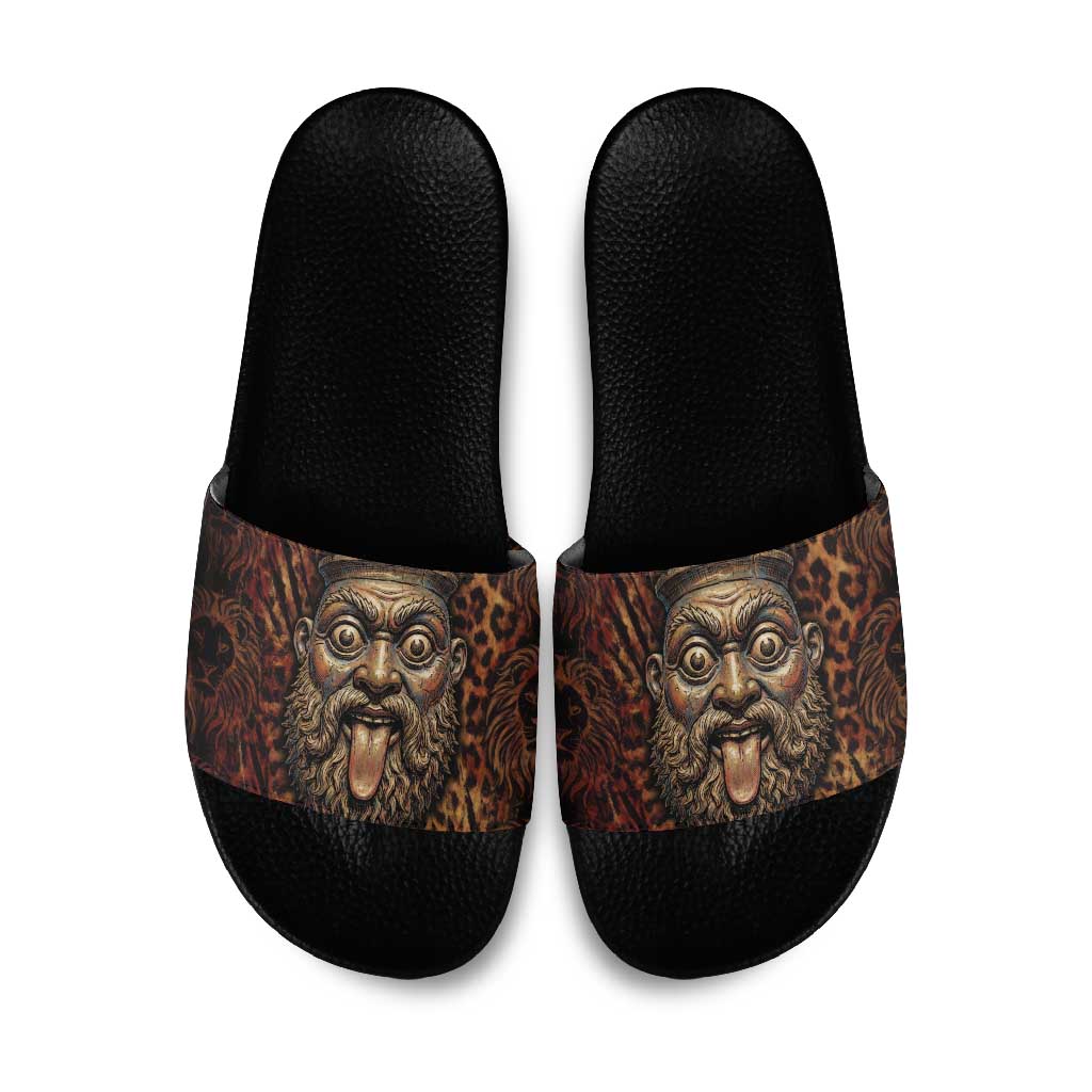 Bes Ancient Egyptian Slide Sandals with Leopard Print Ankh and Eye of Horus Egyptian Deity Tribute - Wonder Print Shop