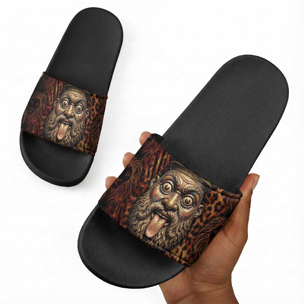 Bes Ancient Egyptian Slide Sandals with Leopard Print Ankh and Eye of Horus Egyptian Deity Tribute - Wonder Print Shop