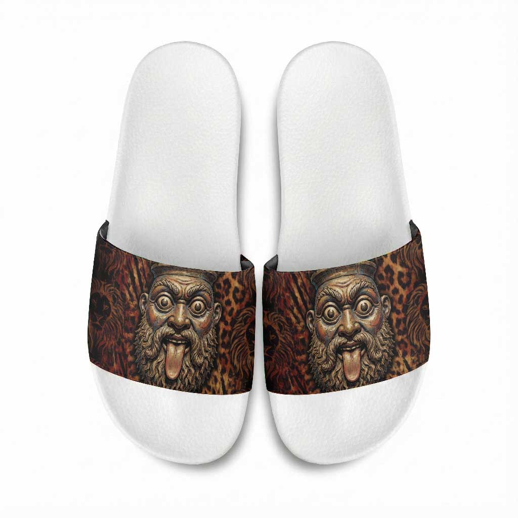 Bes Ancient Egyptian Slide Sandals with Leopard Print Ankh and Eye of Horus Egyptian Deity Tribute - Wonder Print Shop