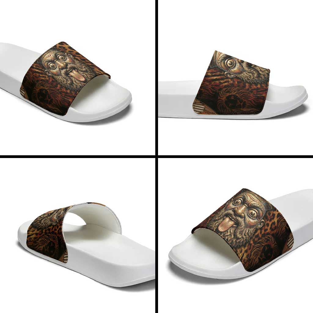 Bes Ancient Egyptian Slide Sandals with Leopard Print Ankh and Eye of Horus Egyptian Deity Tribute - Wonder Print Shop