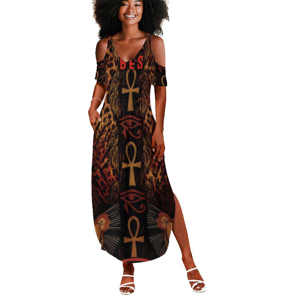 Bes Ancient Egyptian Summer Maxi Dress with Leopard Print Ankh and Eye of Horus Egyptian Deity Tribute - Wonder Print Shop