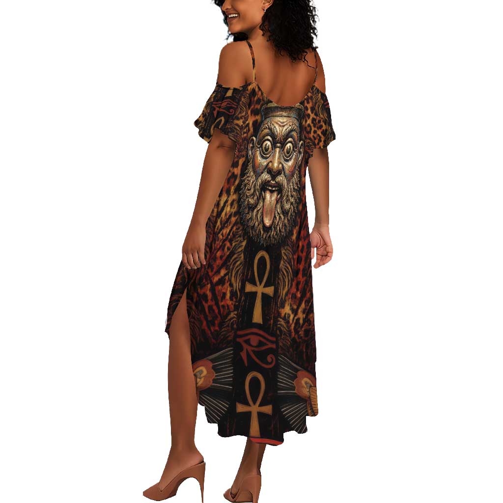 Bes Ancient Egyptian Summer Maxi Dress with Leopard Print Ankh and Eye of Horus Egyptian Deity Tribute - Wonder Print Shop