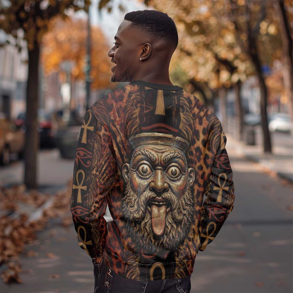 Bes Ancient Egyptian Sweatshirt with Leopard Print Ankh and Eye of Horus Egyptian Deity Tribute - Wonder Print Shop