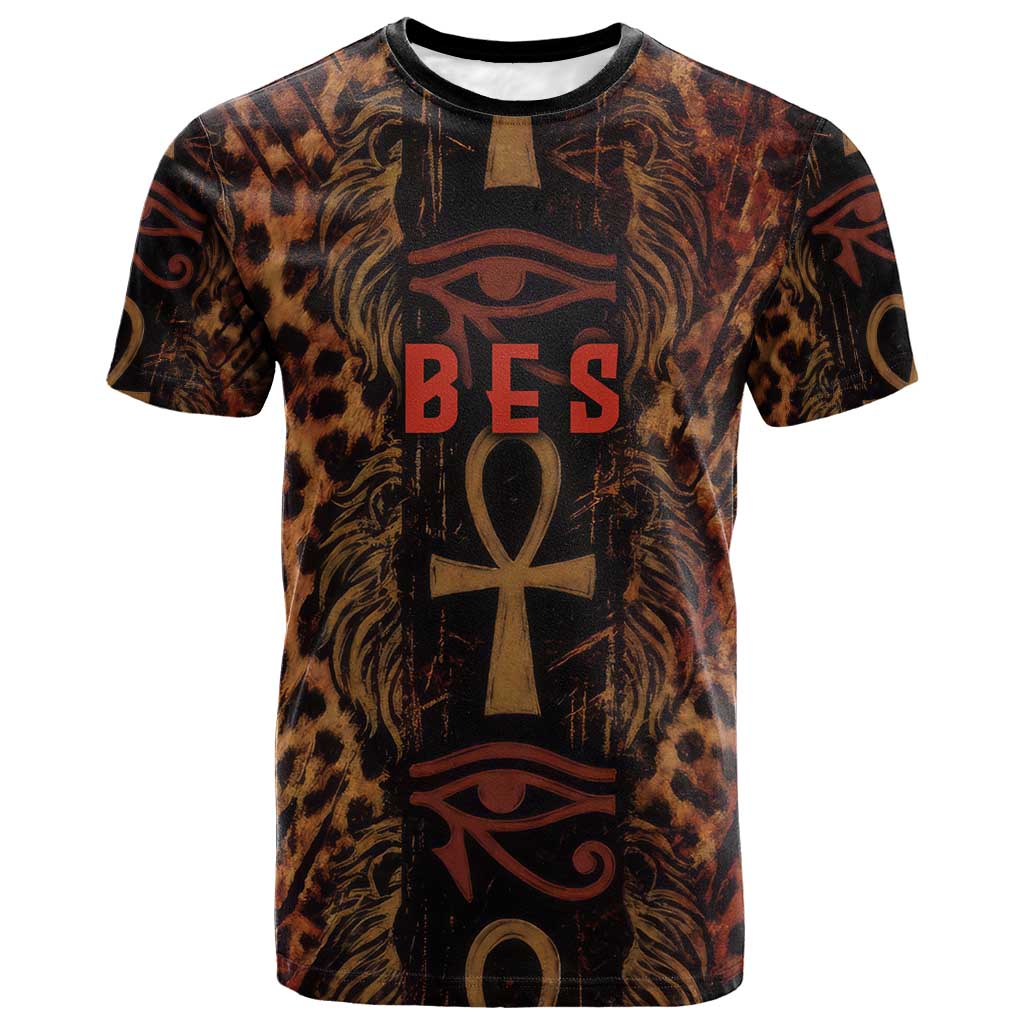 Bes Ancient Egyptian T shirt with Leopard Print Ankh and Eye of Horus Egyptian Deity Tribute - Wonder Print Shop
