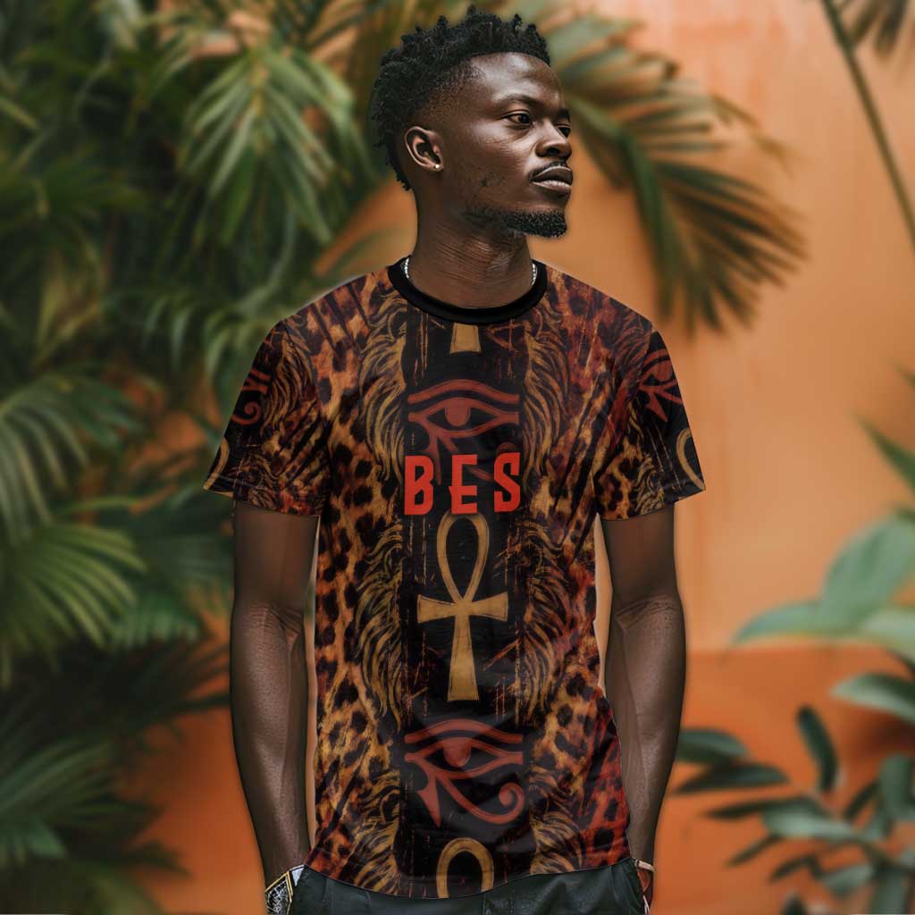 Bes Ancient Egyptian T shirt with Leopard Print Ankh and Eye of Horus Egyptian Deity Tribute - Wonder Print Shop